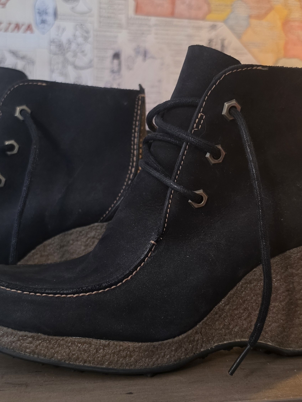 Timberland Black Suede Wedge Ankle Booties with Contrast Stitching